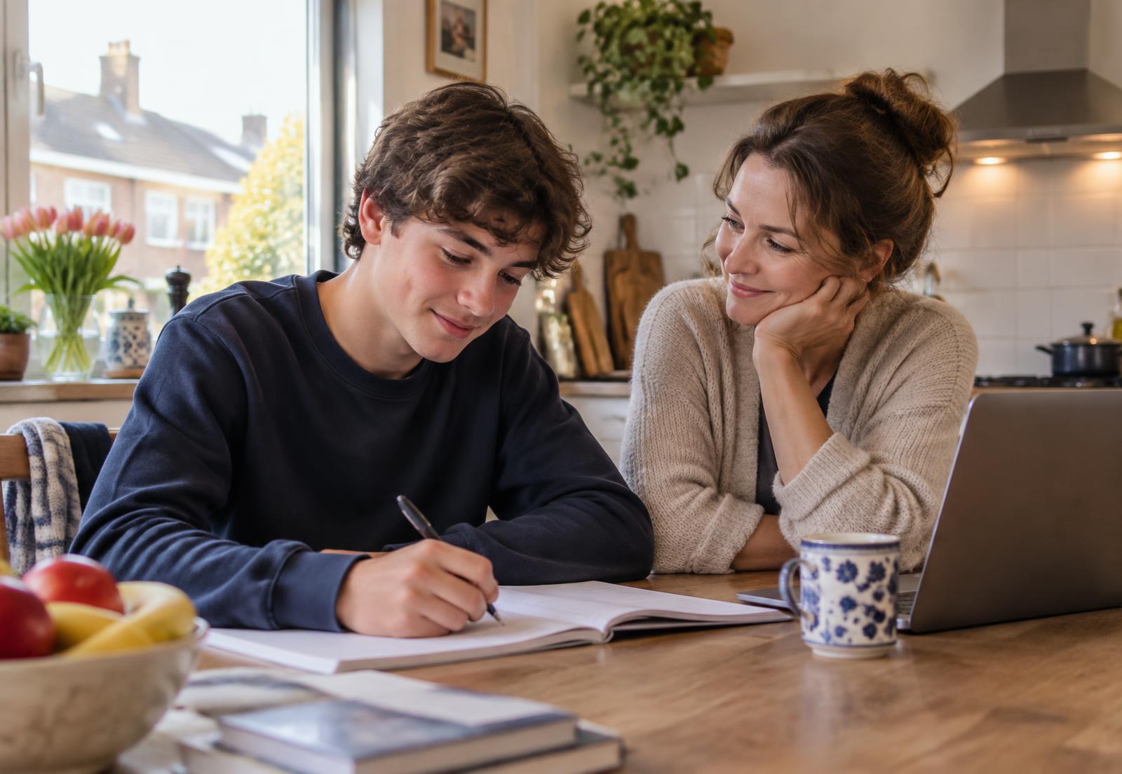 Moeder en zoon aan de keukentafel
